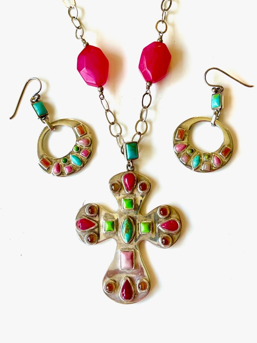 VINTAGE BARSE 925 Sterling Silver TURQUOISE CROSS Pendant Necklace Earrings Set